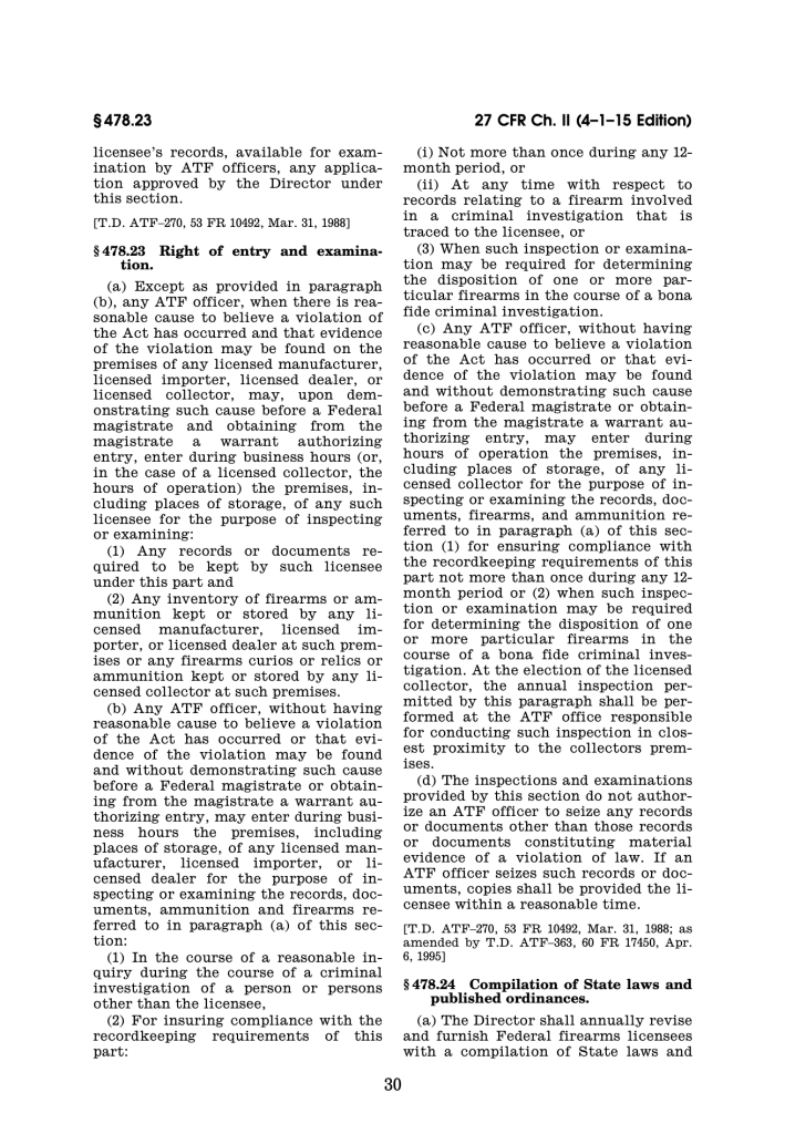 27 CFR 478.23 ATF Right of Entry and Examination Federal Regulation